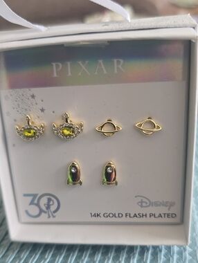 Disney Pixar Brand Girl' 30th Gold-Plated Stud Earring Set with Lime Gem Accents
